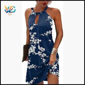 Sleeveless Halter Neck Floral Print A-Line Casual Dress for Summer Beach Party